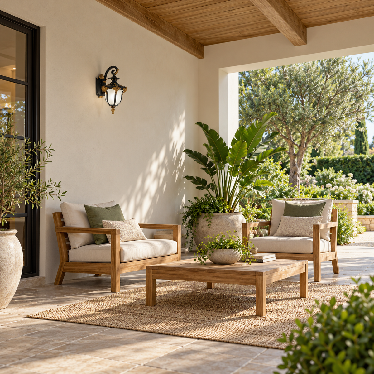 Gold-accent curved wall lantern in a covered sitting setting, styled illustration