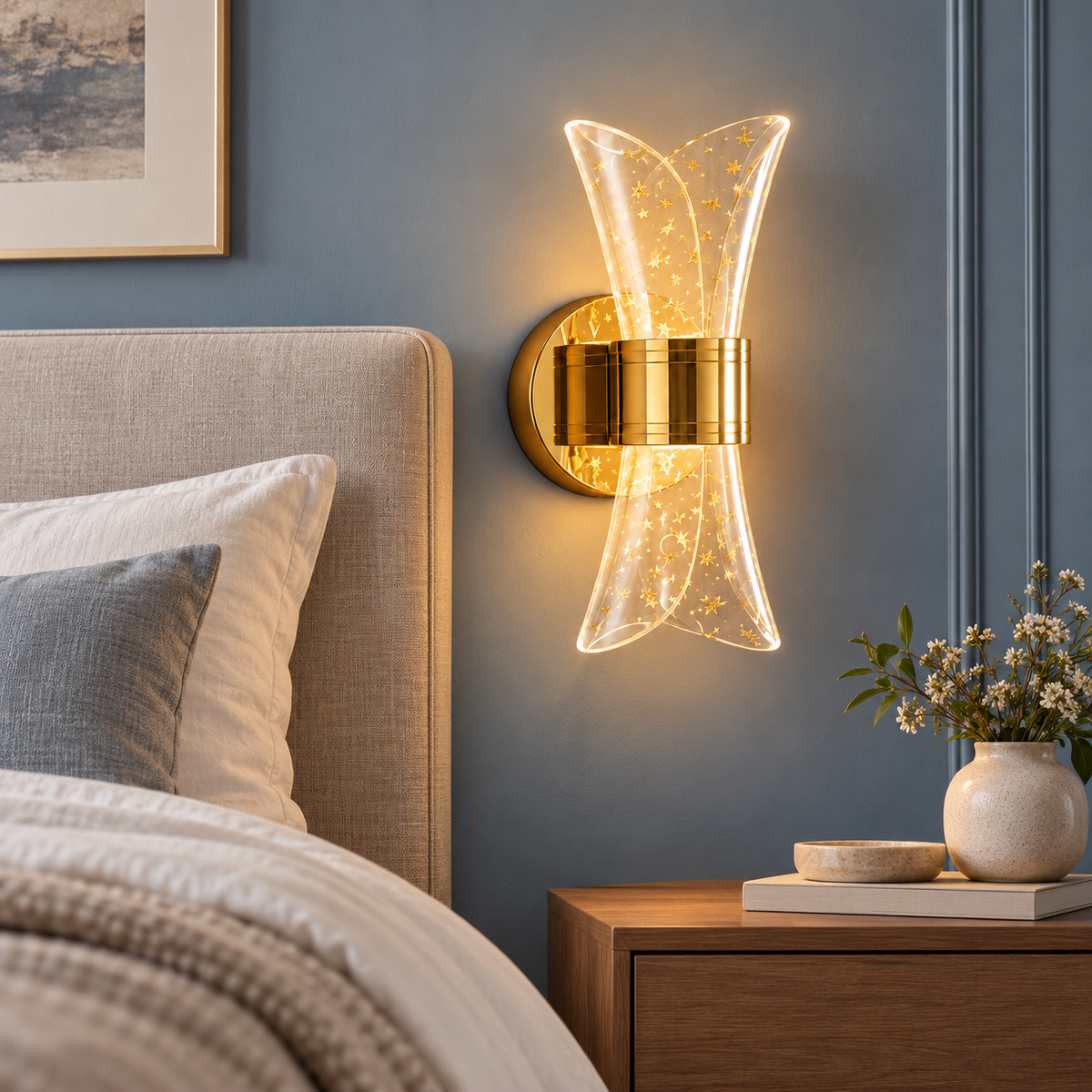 Gold hourglass wall light beside an upholstered headboard