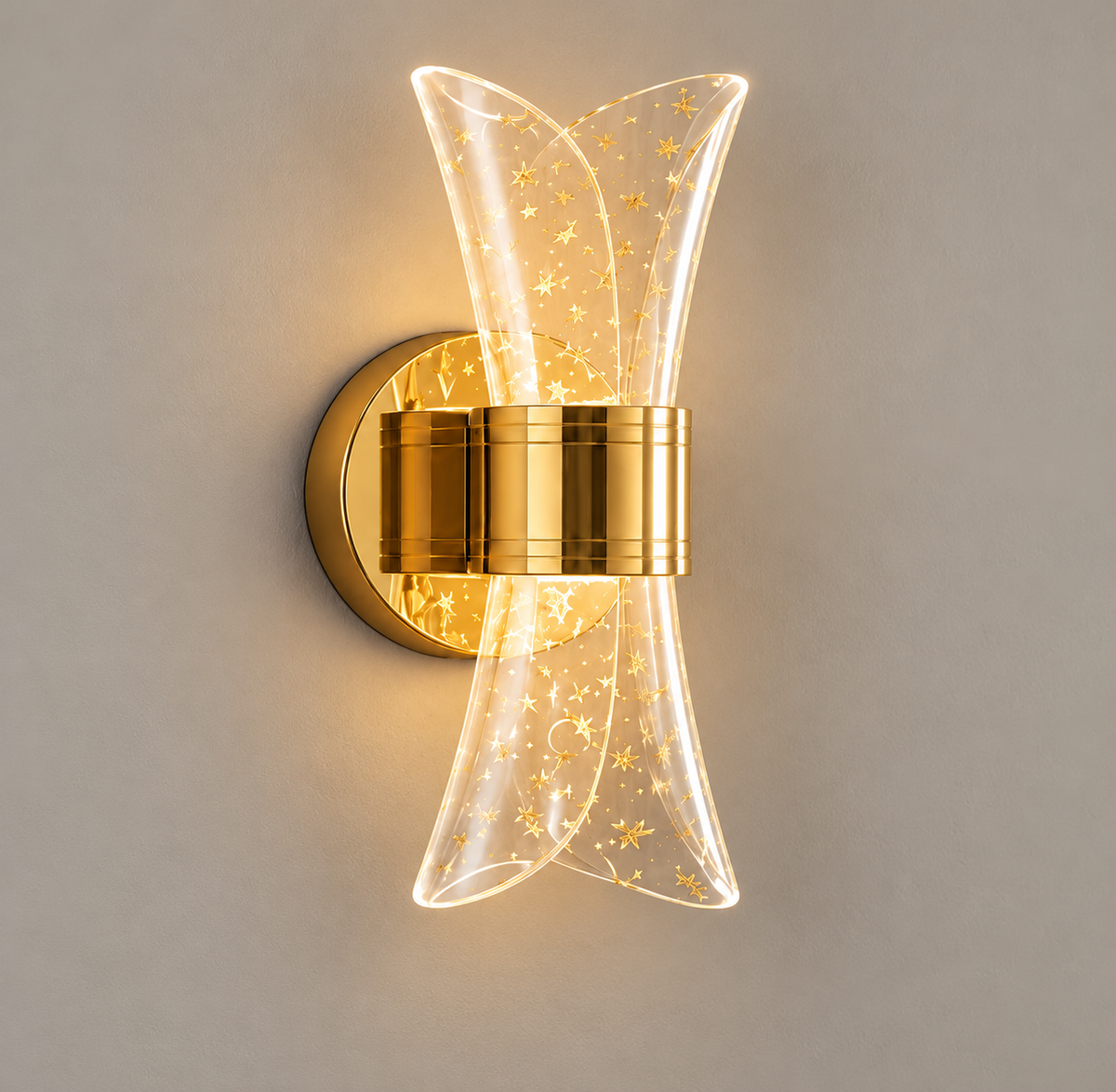 Gold wall light with clear curved hourglass shade