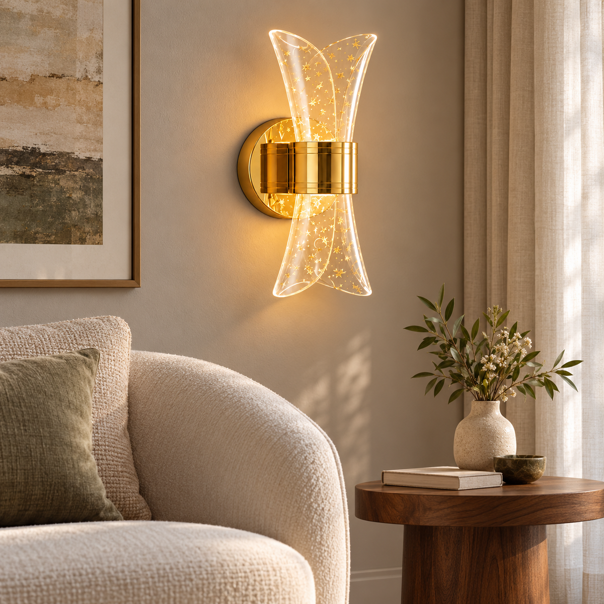 Gold hourglass wall light in a furnished reading lounge