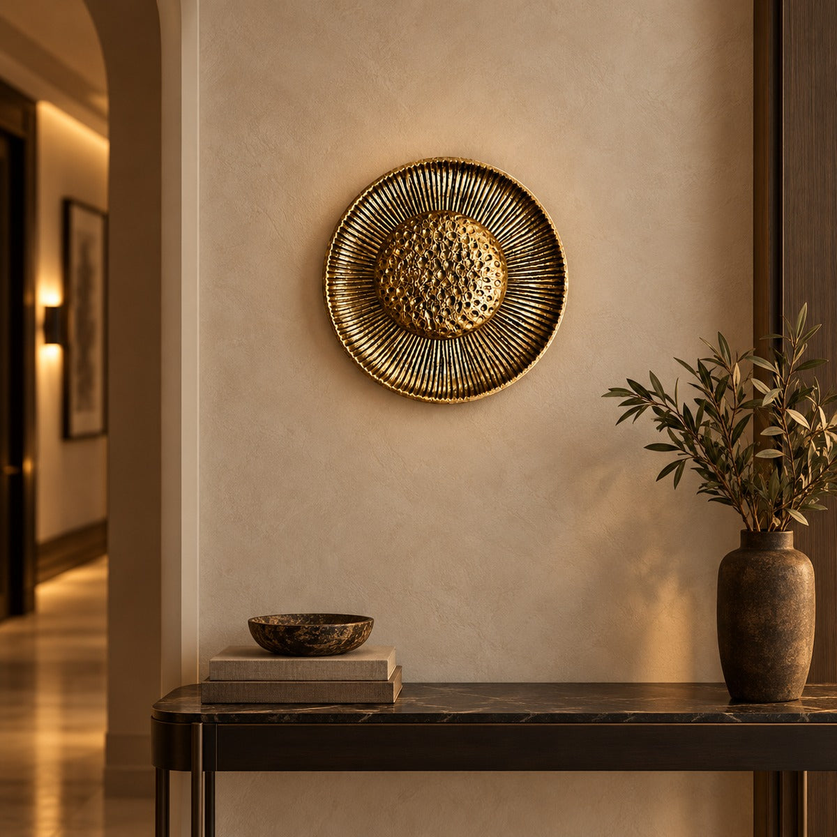 Gold sunburst wall light in an elegant hallway
