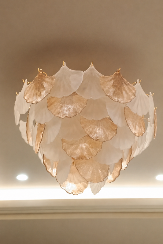 Golden Leaf chandelier — actual installation photo edited for tighter product framing; size variant unverified