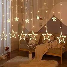 B&B Golden Star Curtain LED String Lights – Warm White Hanging Decoration