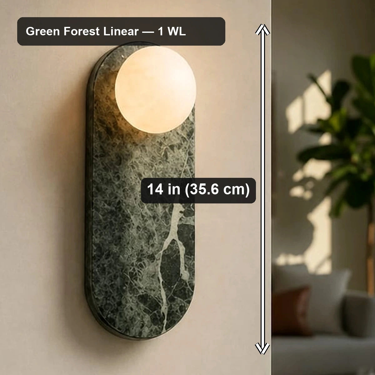 Green Forest Linear Marble Wall Light - Green Forest Linear — 1 WL - verified dimensions marked on real product image