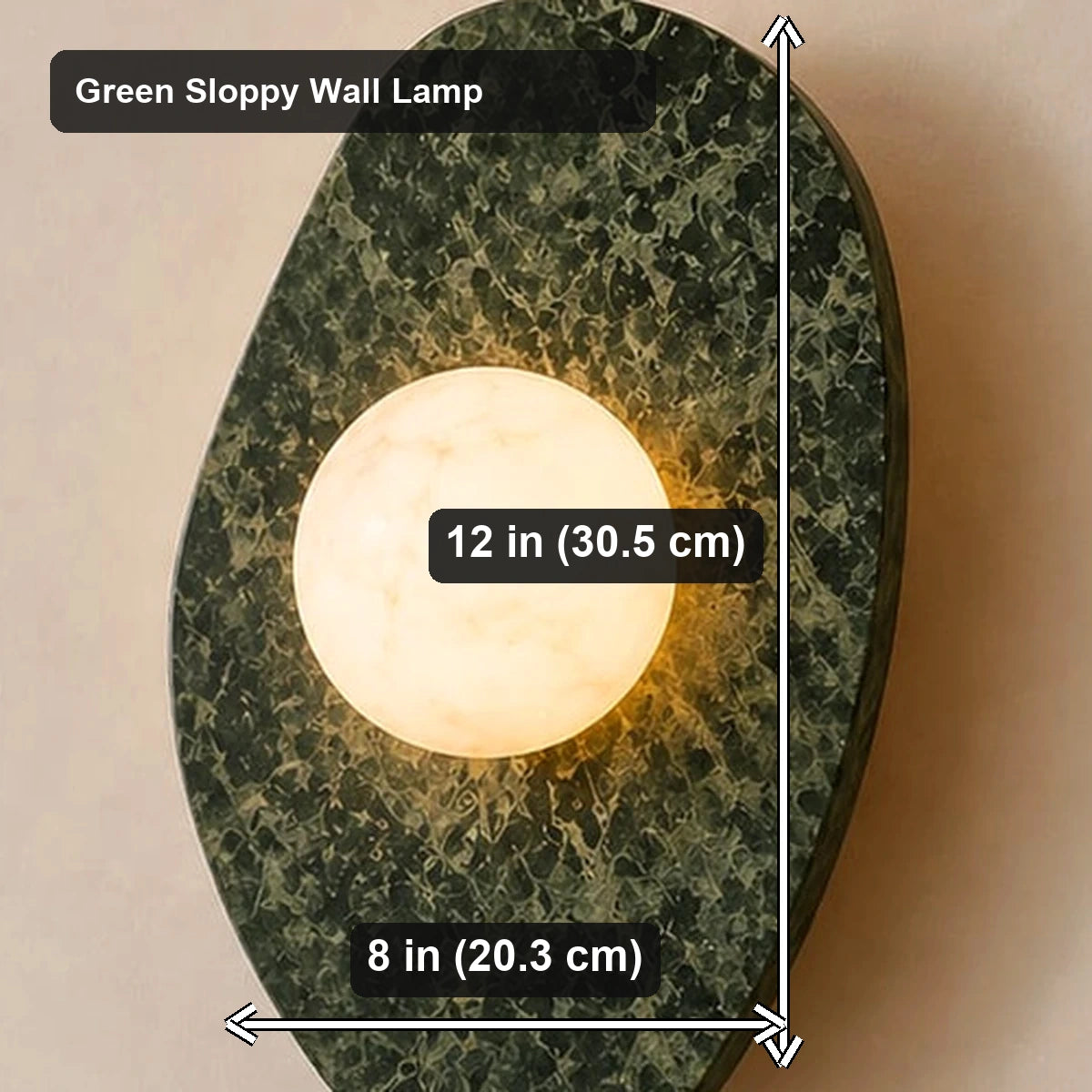 Sloppy Marble Wall Lamp - Green Sloppy Wall Lamp - verified dimensions marked on real product image