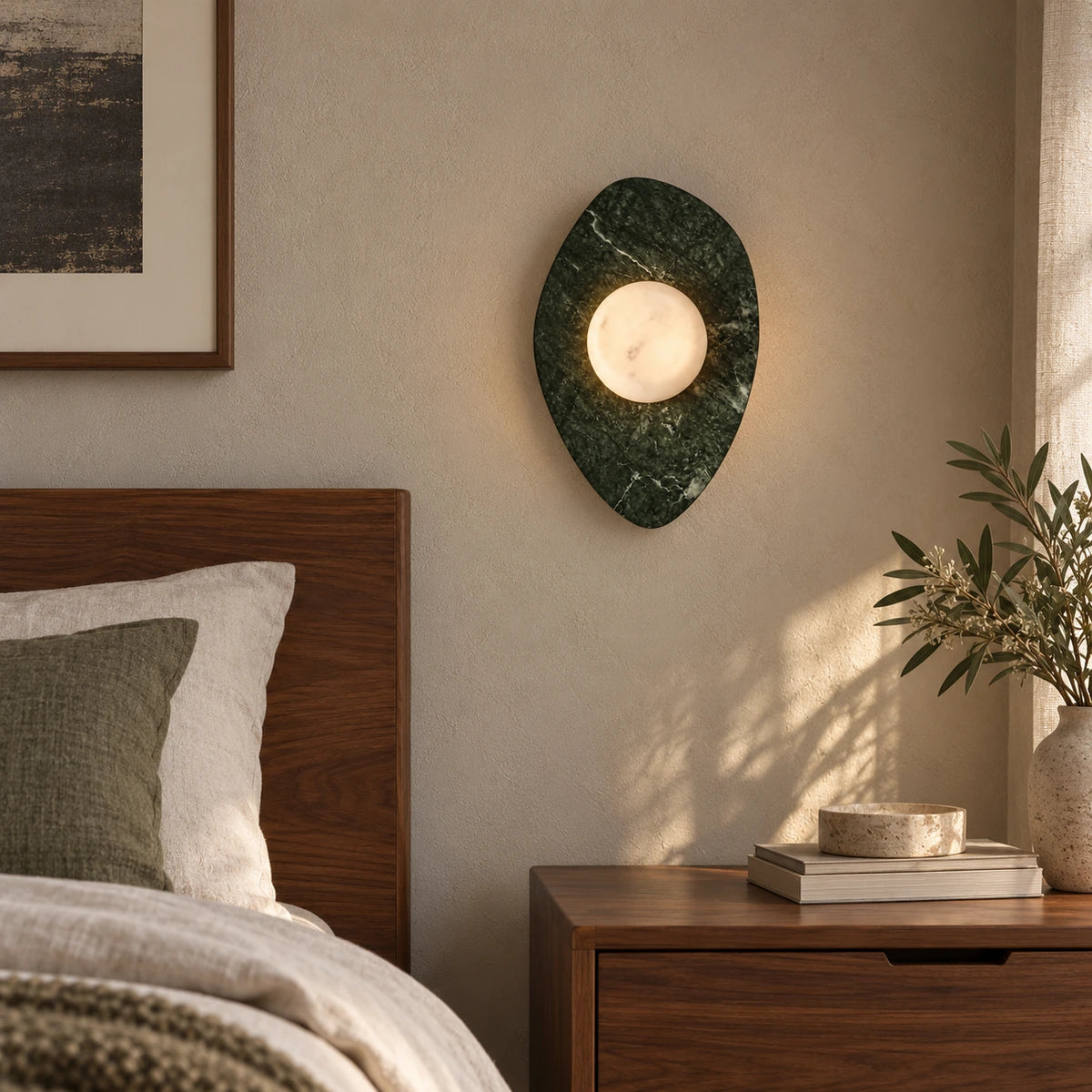 Sloppy Marble Wall Lamp, Green / White Stone, generated styled room scene based on real product video