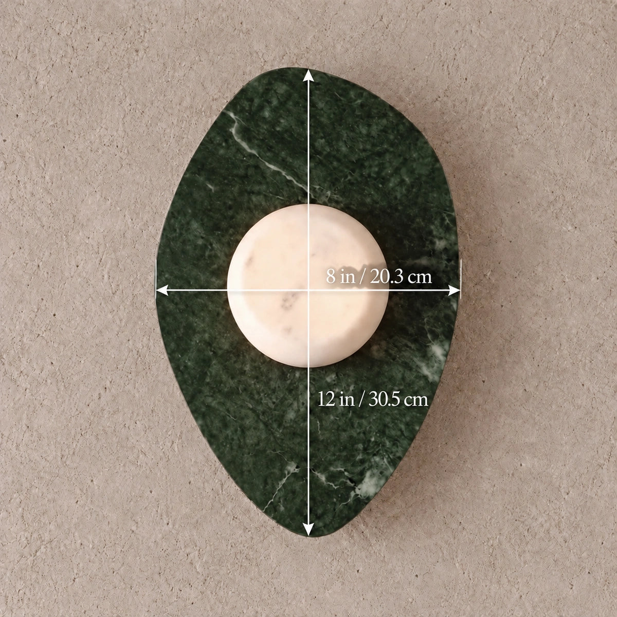 Sloppy Marble Wall Lamp, Green / White Stone, generated dimension illustration, 12 in long and 8 in wide