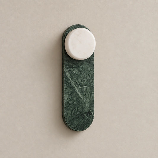Generated styled OFF hero of Green Forest Linear 14 in wall light; white stone disk and green marble plate based on exact supplier video