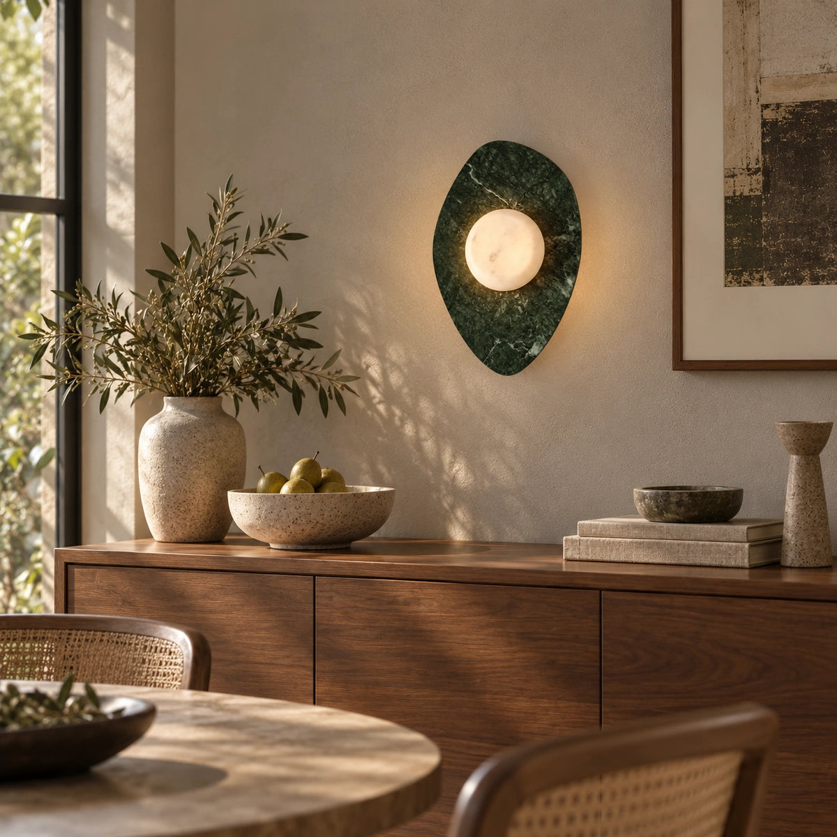 Sloppy Marble Wall Lamp, Green / White Stone, generated dining lifestyle scene based on real product video