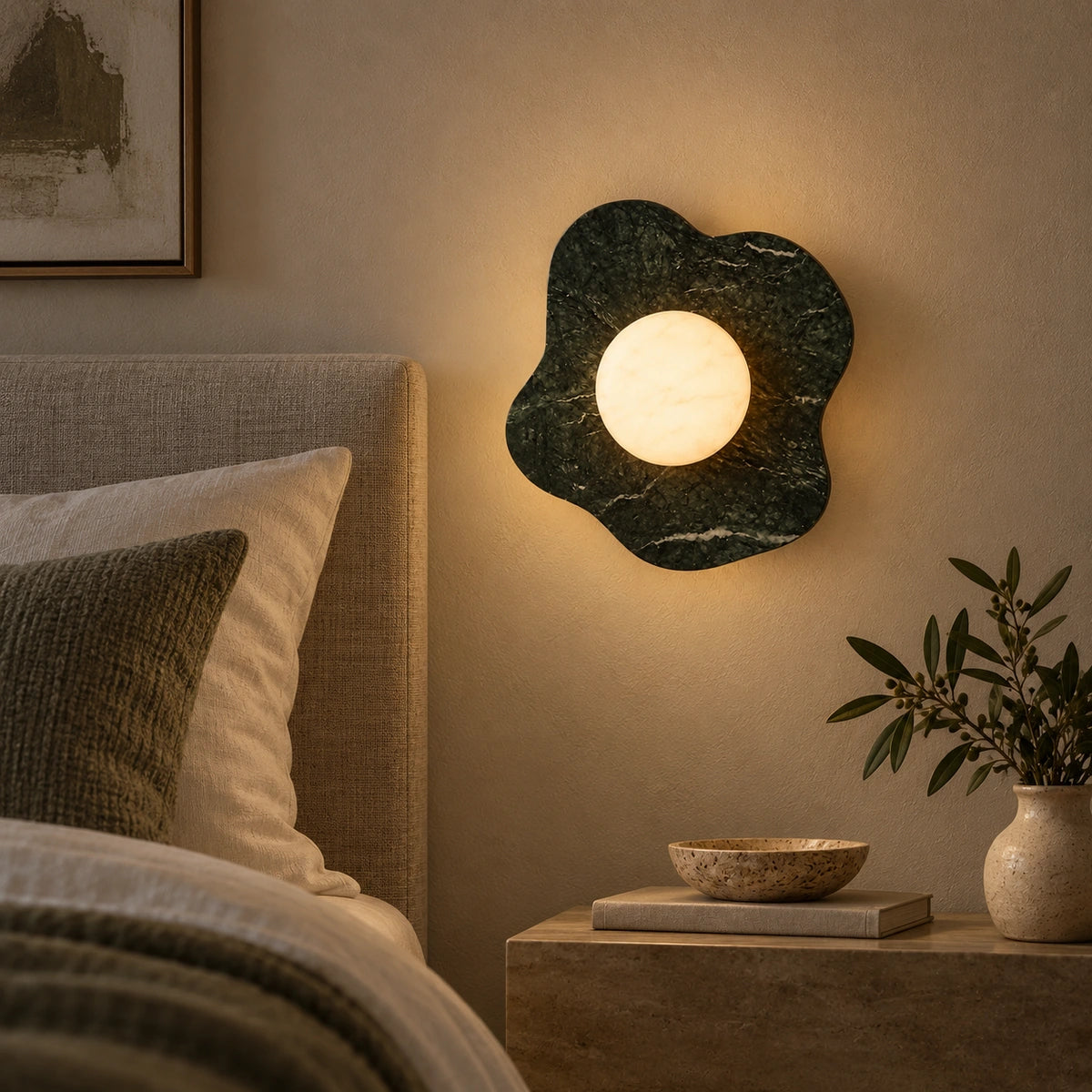 Green Cosmia Wall Lamp, Green / White Stone, generated bedroom bedside lifestyle scene based on real product video