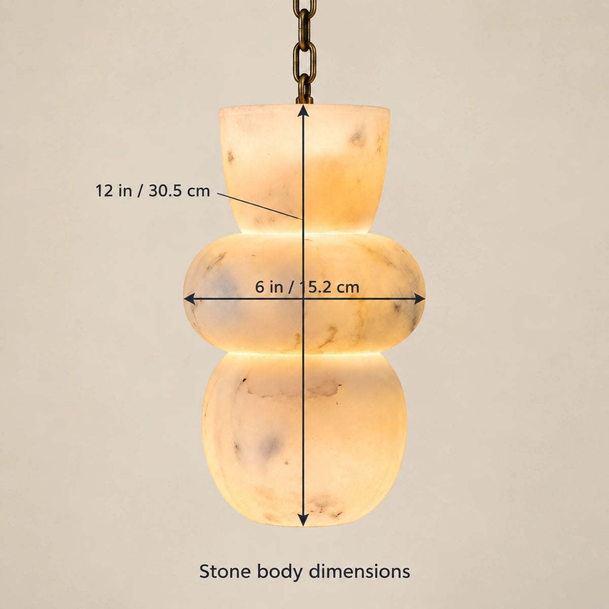 Bliss & Birch Trio Hanging Light - verified 12 by 6 inch stone-body dimensions on generated styled image
