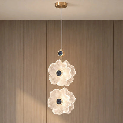 Celestia double floral glass pendant with gold-tone frame and blue centres - hero