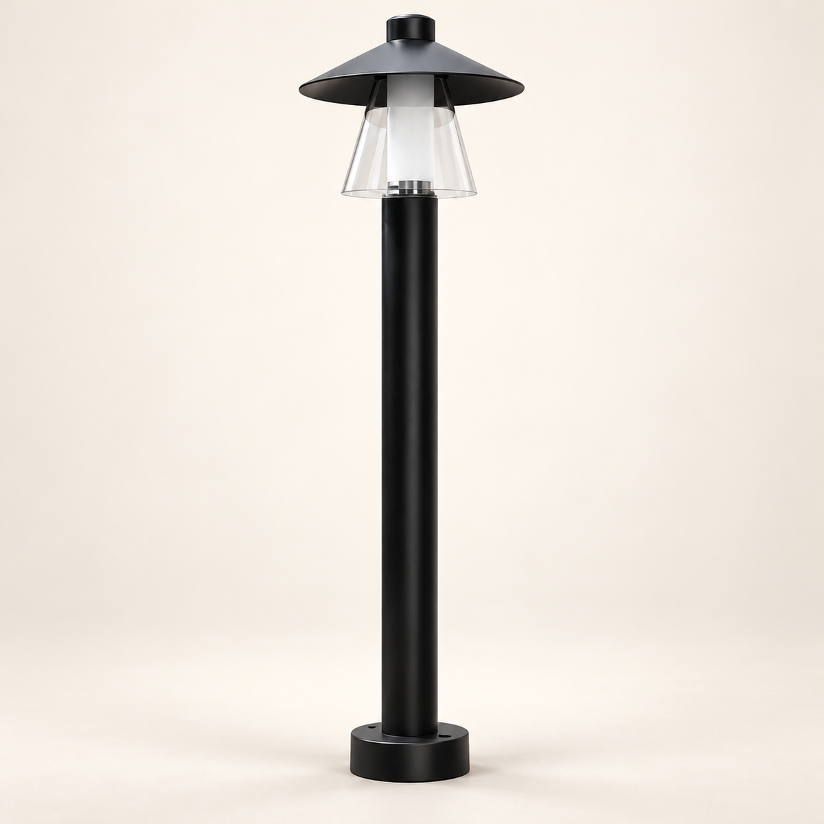 Halo Lantern matte-black LED bollard light on a warm studio background