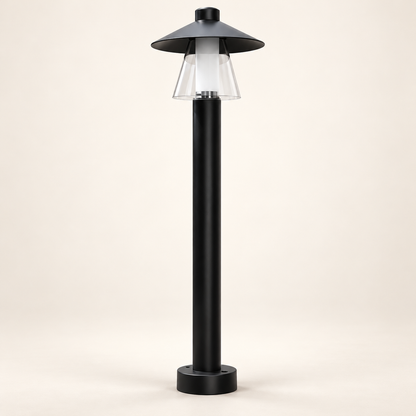 Halo Lantern matte-black LED bollard light on a warm studio background