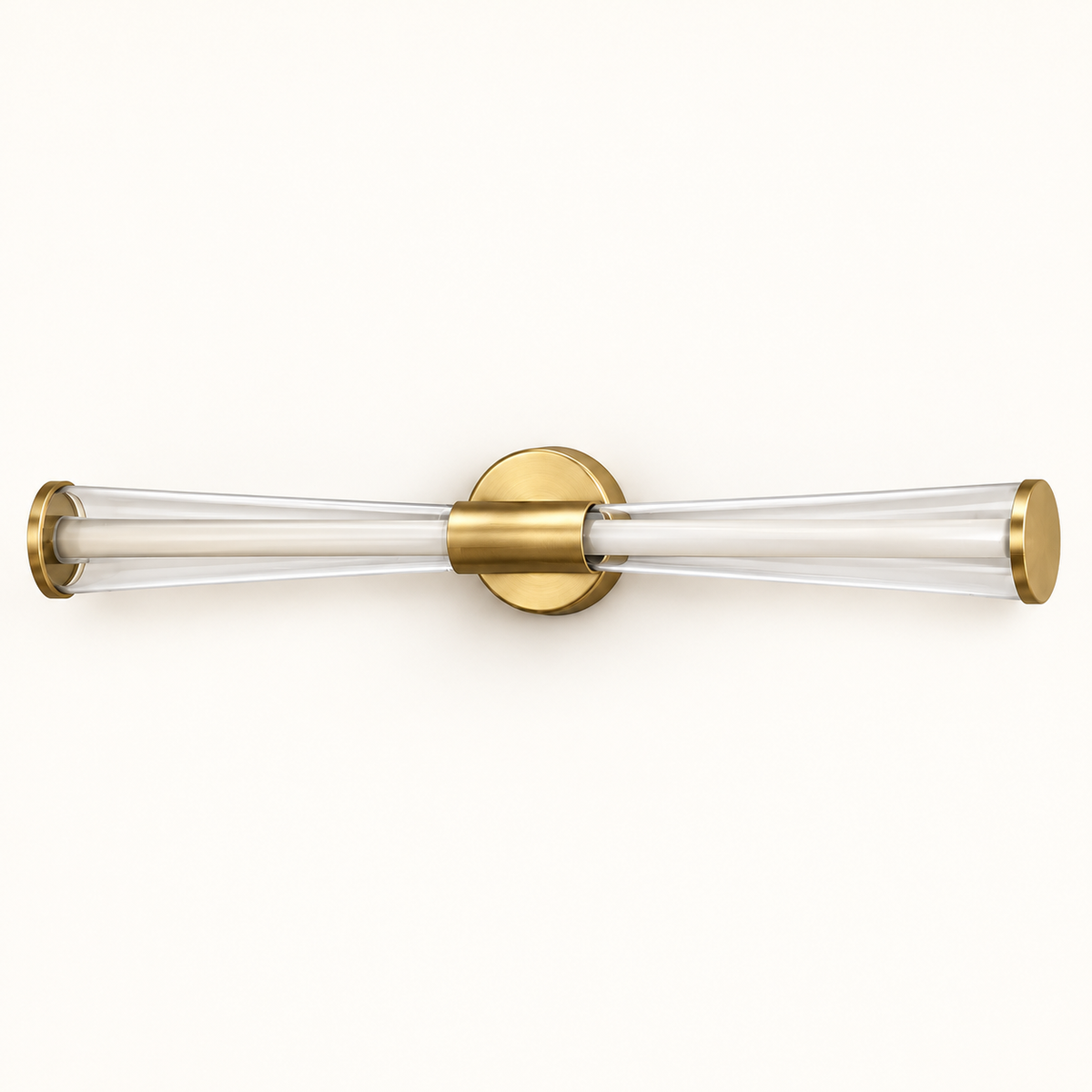 Elara brushed-gold twin-tube LED mirror light on a warm ivory studio background