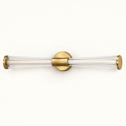 Elara brushed-gold twin-tube LED mirror light on a warm ivory studio background