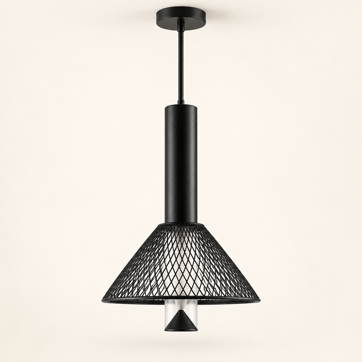 Nocturne matte-black mesh LED pendant light on a warm ivory studio background