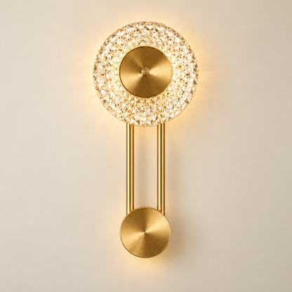 Celestine brushed-gold crystal LED wall light on a warm ivory studio background