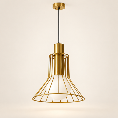 Solenne gold wire LED pendant light on a warm studio background
