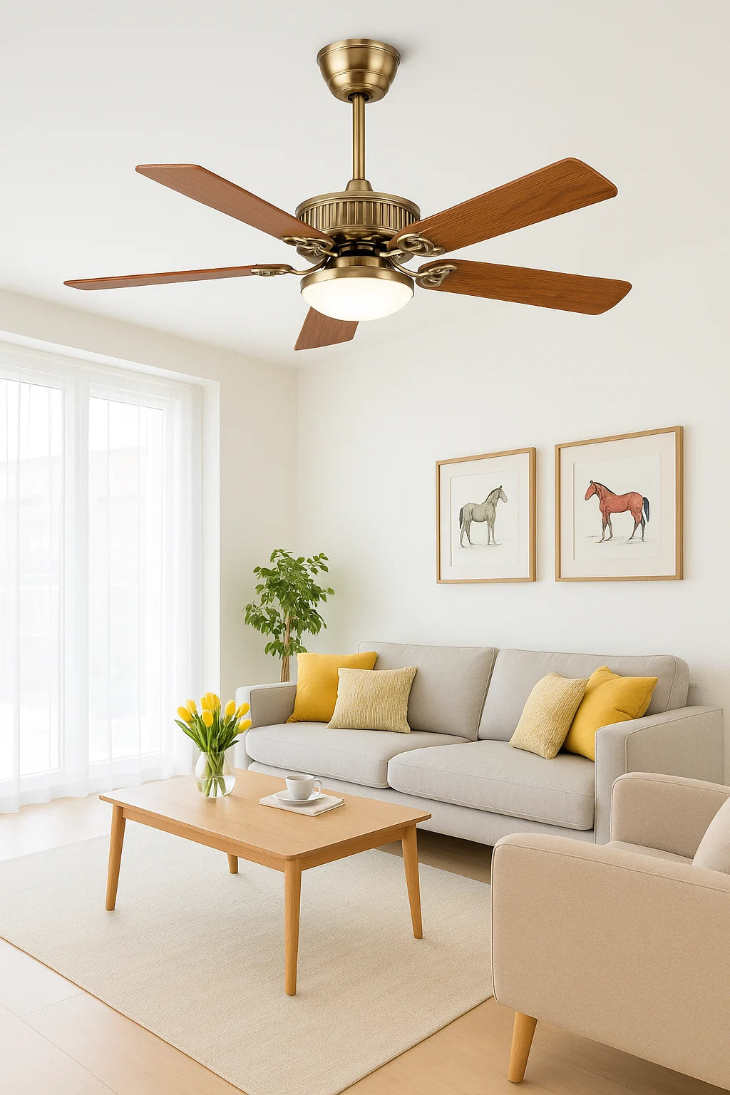 B&B Vintage Brass Ceiling Fan with LED Light – 52 Inch