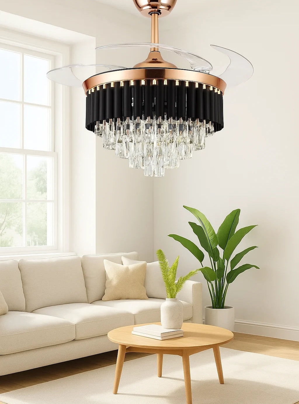 B&B Black Mamba Crystal Ceiling Fan with LED Chandelier Light – Retractable Blades, Luxury Design