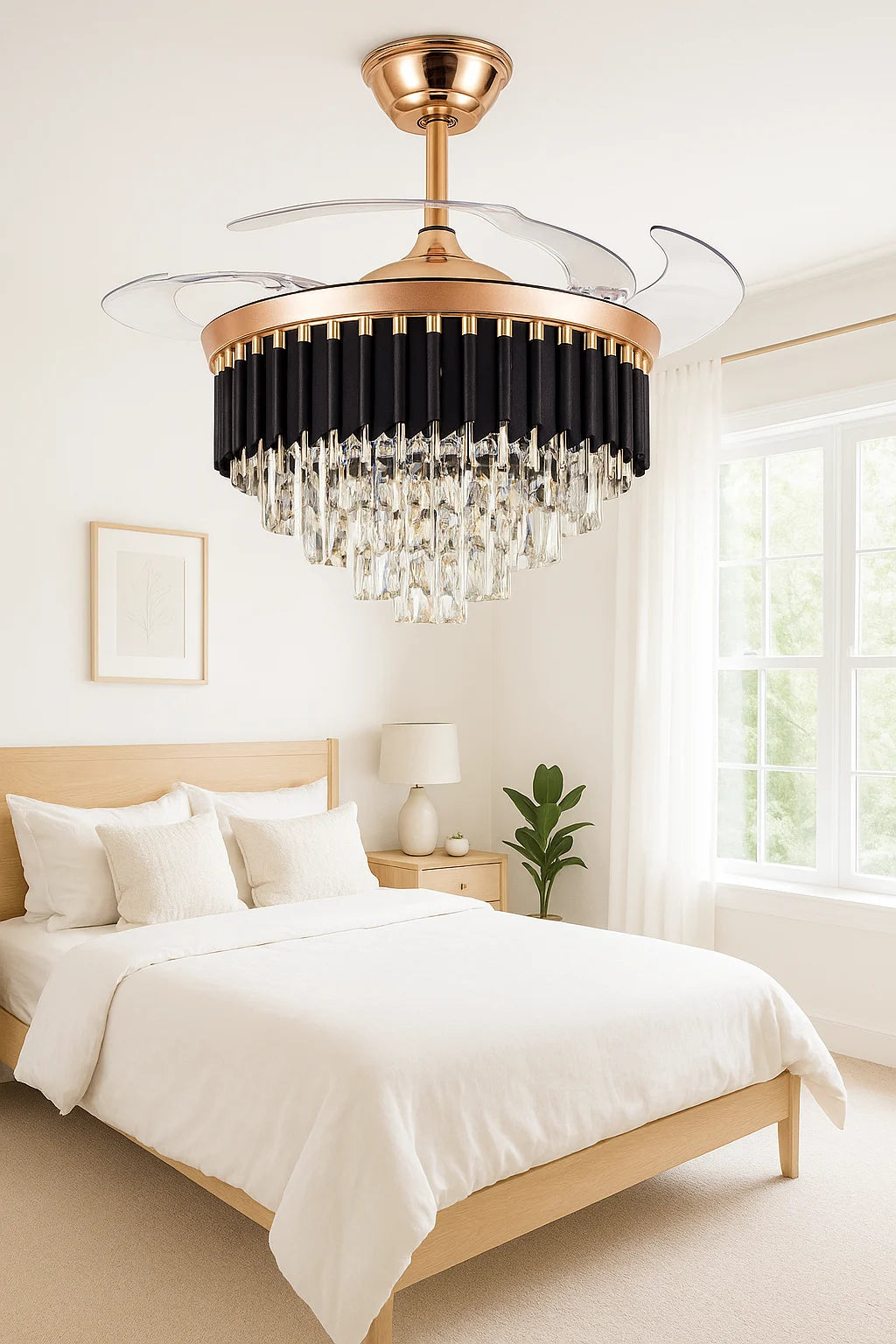 B&B Black Mamba Crystal Ceiling Fan with LED Chandelier Light – Retractable Blades, Luxury Design