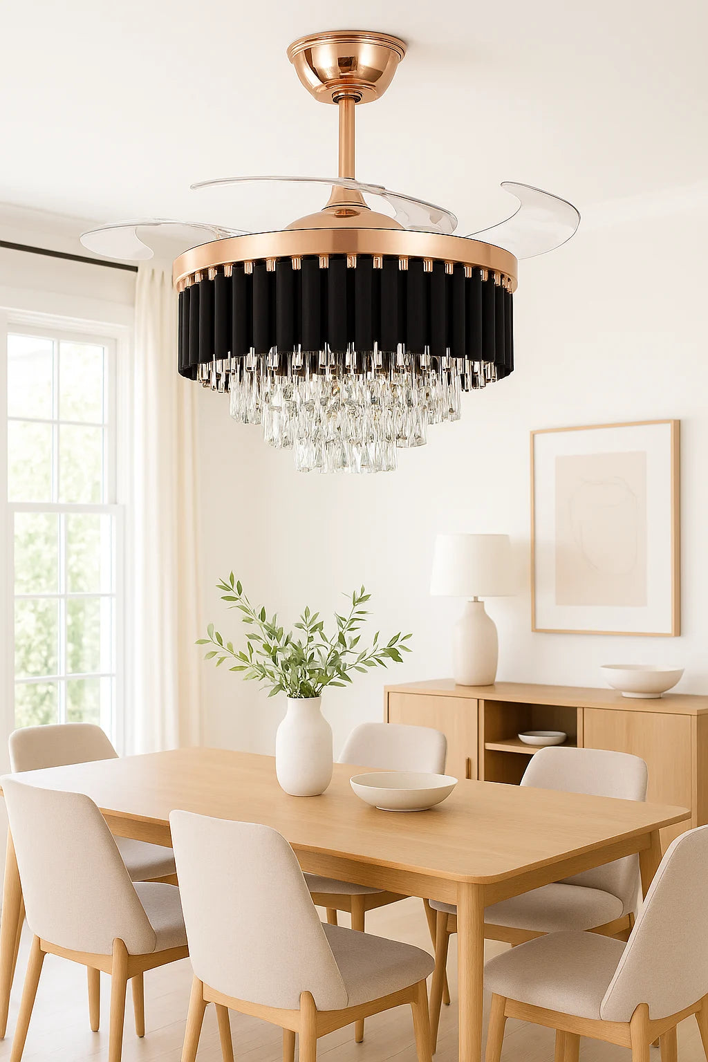 B&B Black Mamba Crystal Ceiling Fan with LED Chandelier Light – Retractable Blades, Luxury Design