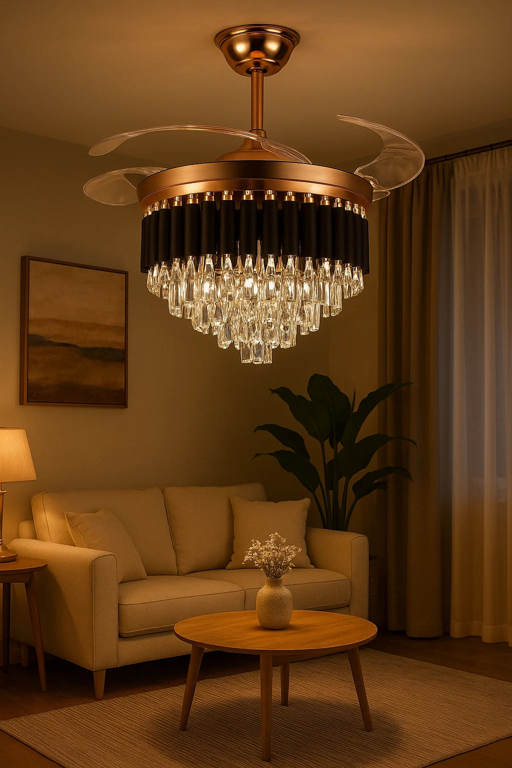B&B Black Mamba Crystal Ceiling Fan with LED Chandelier Light – Retractable Blades, Luxury Design