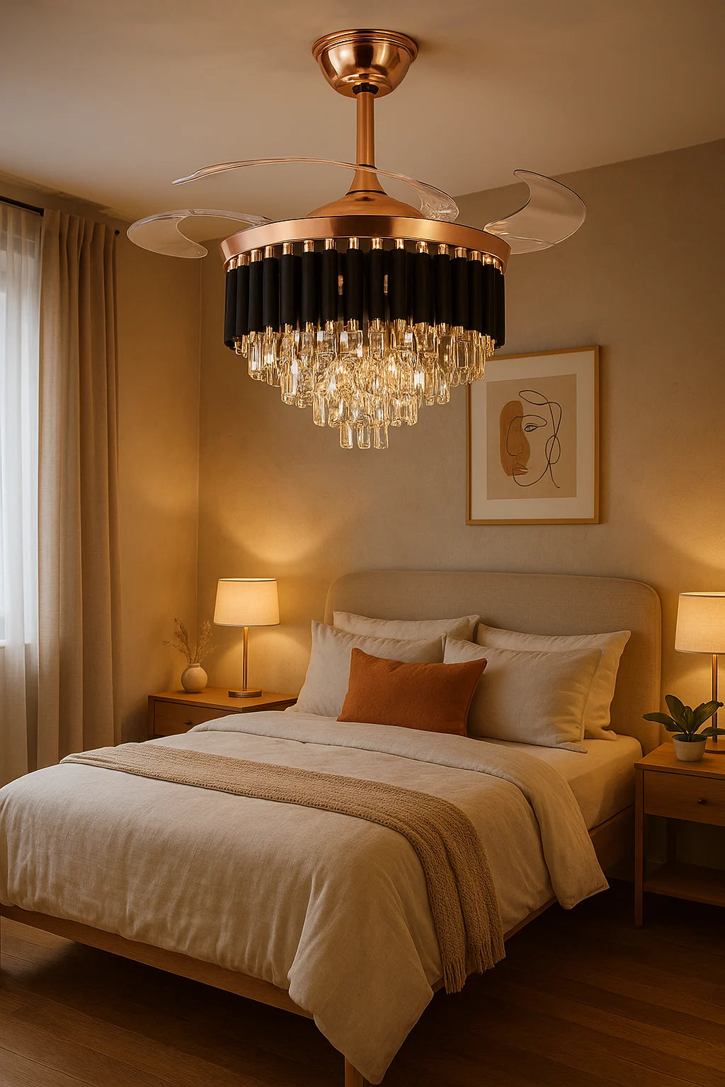 B&B Black Mamba Crystal Ceiling Fan with LED Chandelier Light – Retractable Blades, Luxury Design