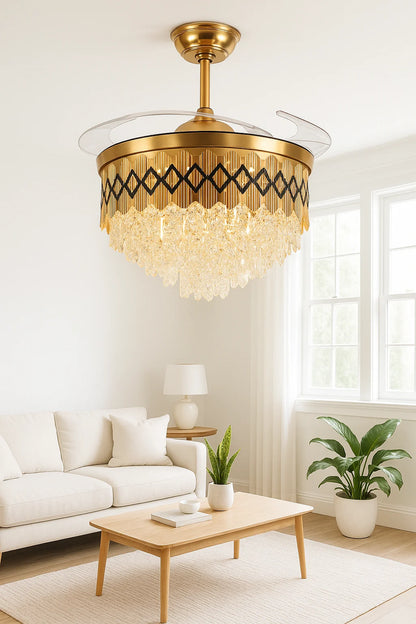 Crown Jewel Crystal Chandelier Fan – Black & Gold Luxury