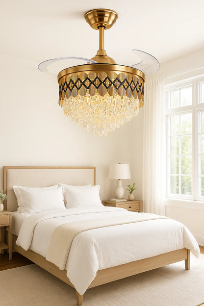 Crown Jewel Crystal Chandelier Fan – Black & Gold Luxury