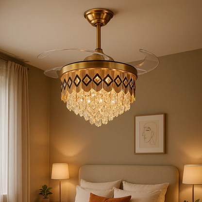 Crown Jewel Crystal Chandelier Fan – Black & Gold Luxury