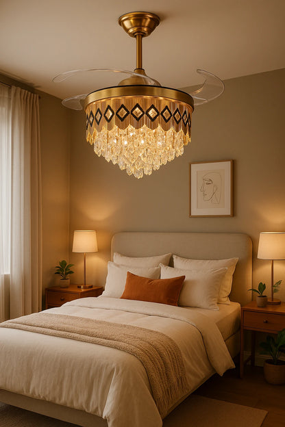 Crown Jewel Crystal Chandelier Fan – Black & Gold Luxury