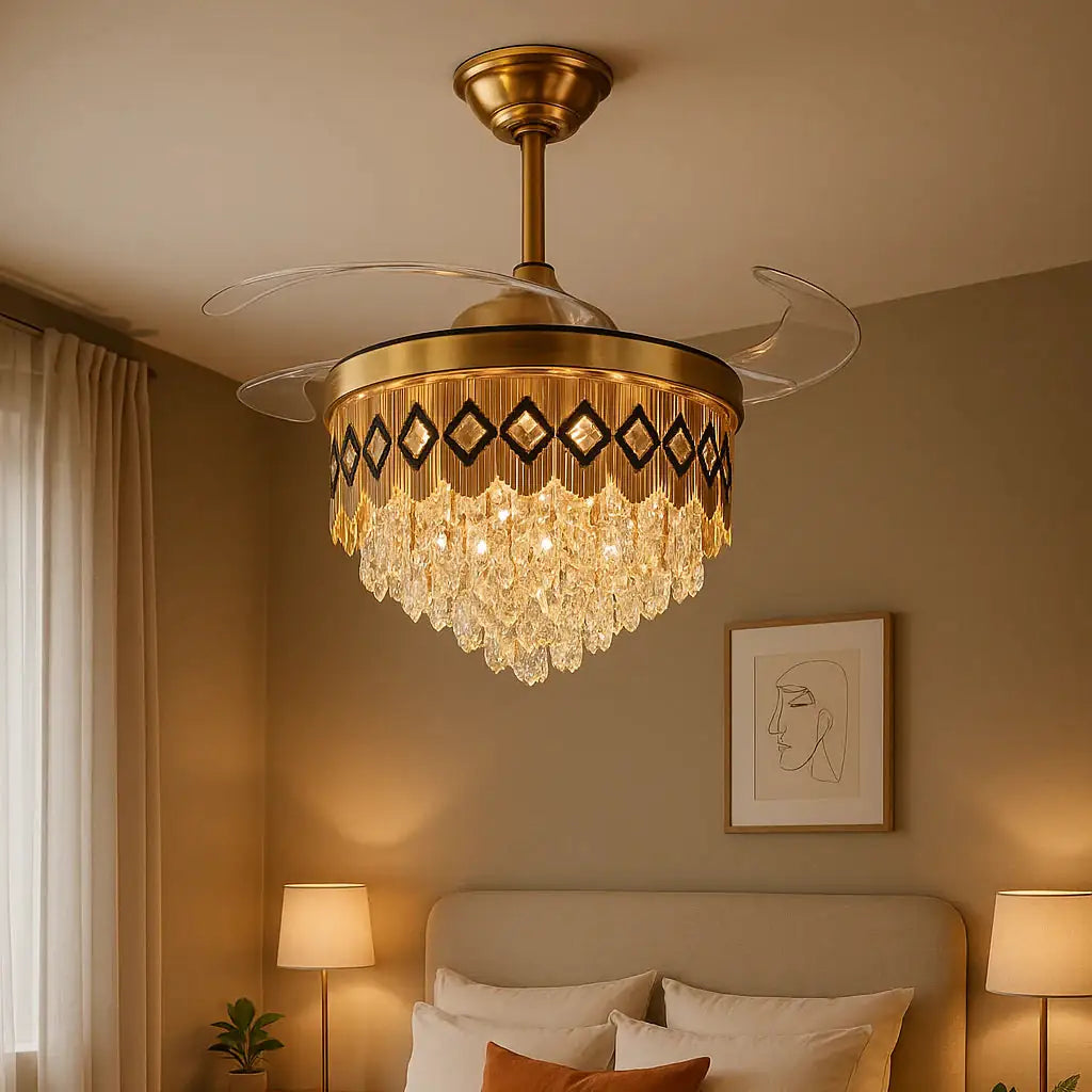 Crown Jewel Crystal Chandelier Fan – Black & Gold Luxury