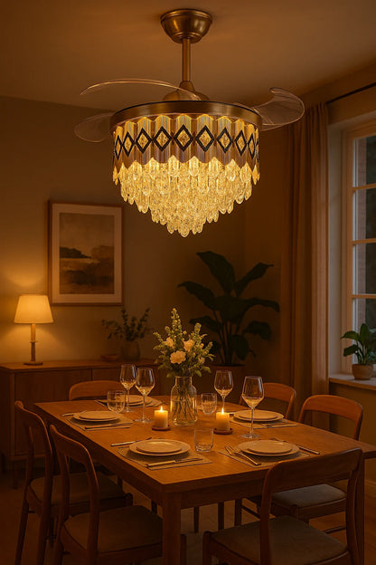 Crown Jewel Crystal Chandelier Fan – Black & Gold Luxury