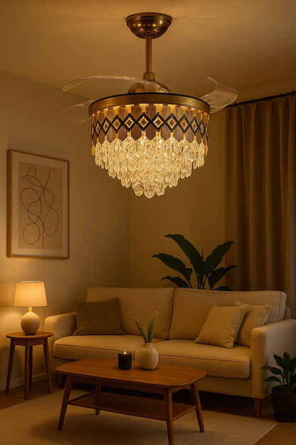 Crown Jewel Crystal Chandelier Fan – Black & Gold Luxury