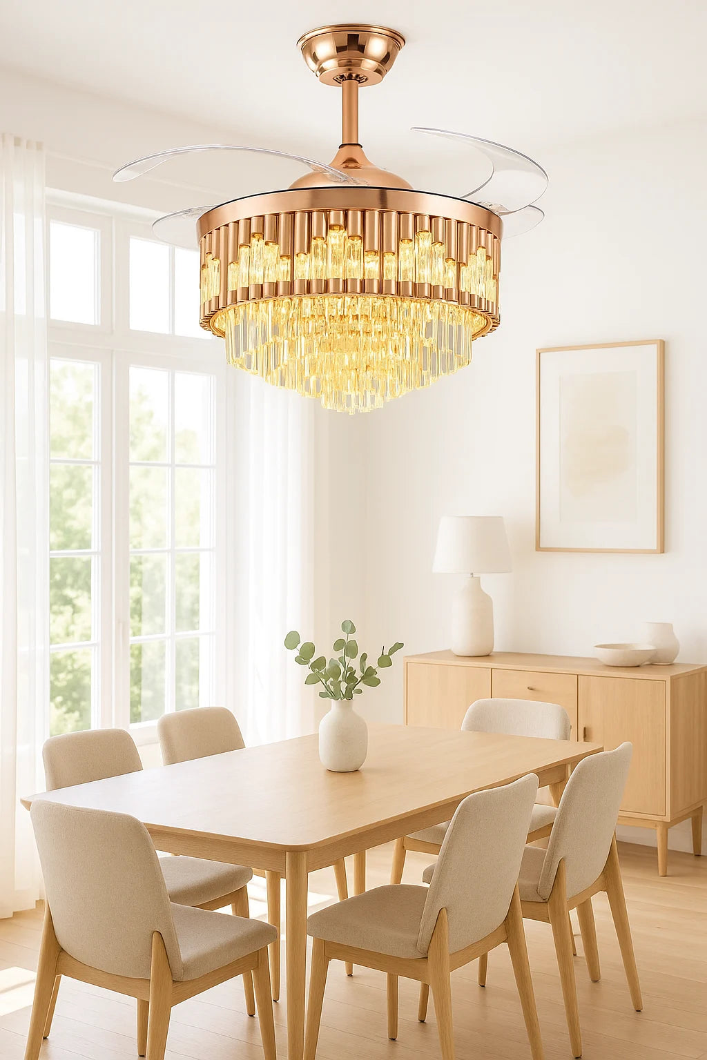 B&B Glass Crystal Ceiling Fan with LED Light – Retractable Blades