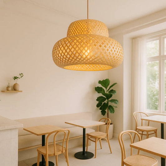 B&B Handwoven Cane Double Dome Pendant Lamp