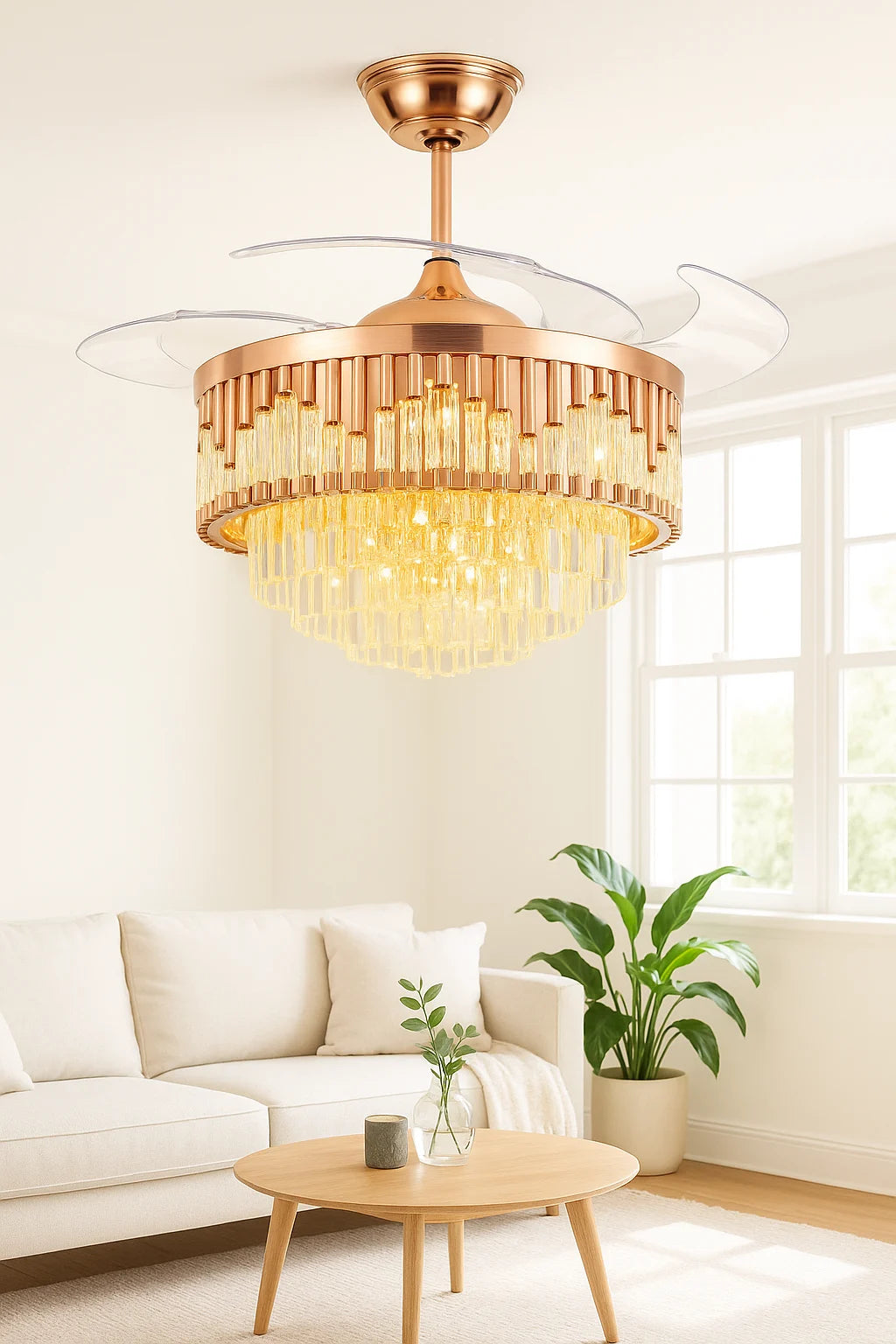 B&B Glass Crystal Ceiling Fan with LED Light – Retractable Blades