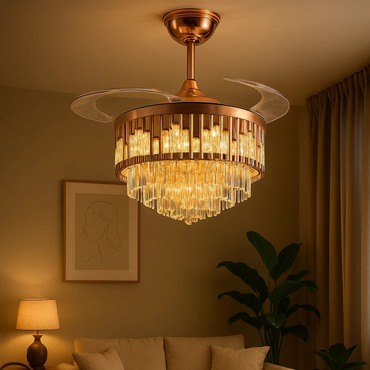 B&B Glass Crystal Ceiling Fan with LED Light – Retractable Blades