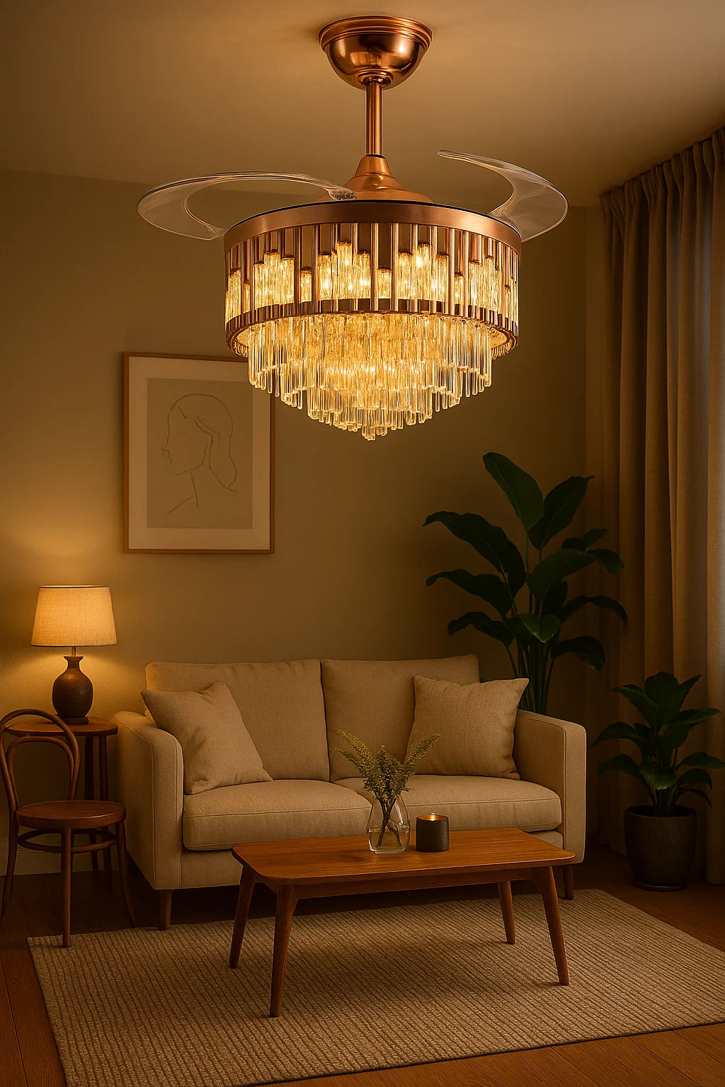 B&B Glass Crystal Ceiling Fan with LED Light – Retractable Blades