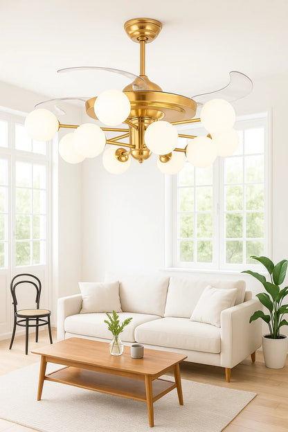 Golden Globe Luxury LED Fan – 8 Frosted Globes & Remote Control