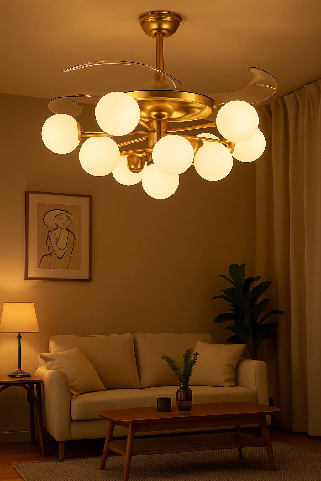 B&B Luxury Golden LED Ceiling Fan with Globe Lights
