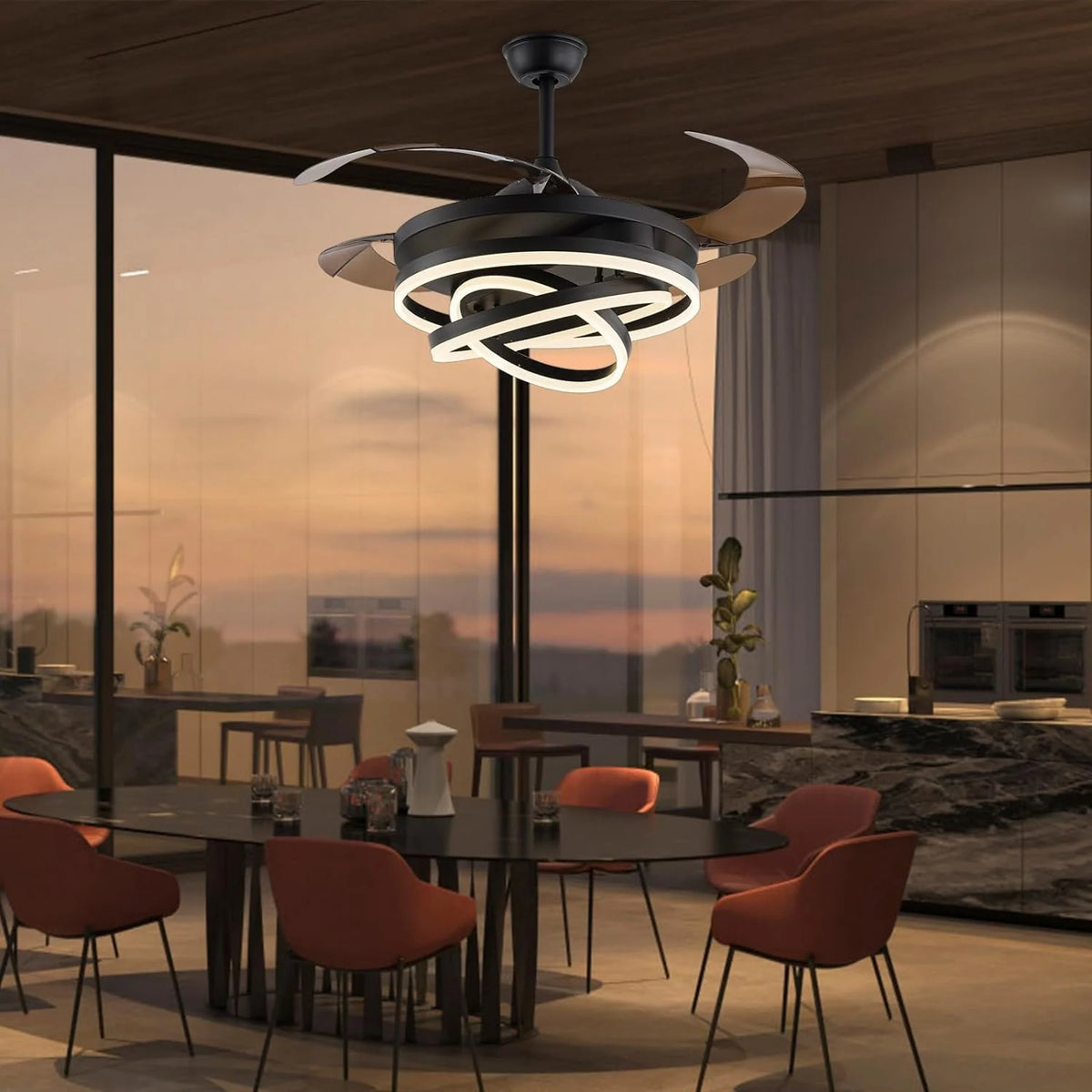 Black ring-light retractable-blade ceiling fan above a dining area