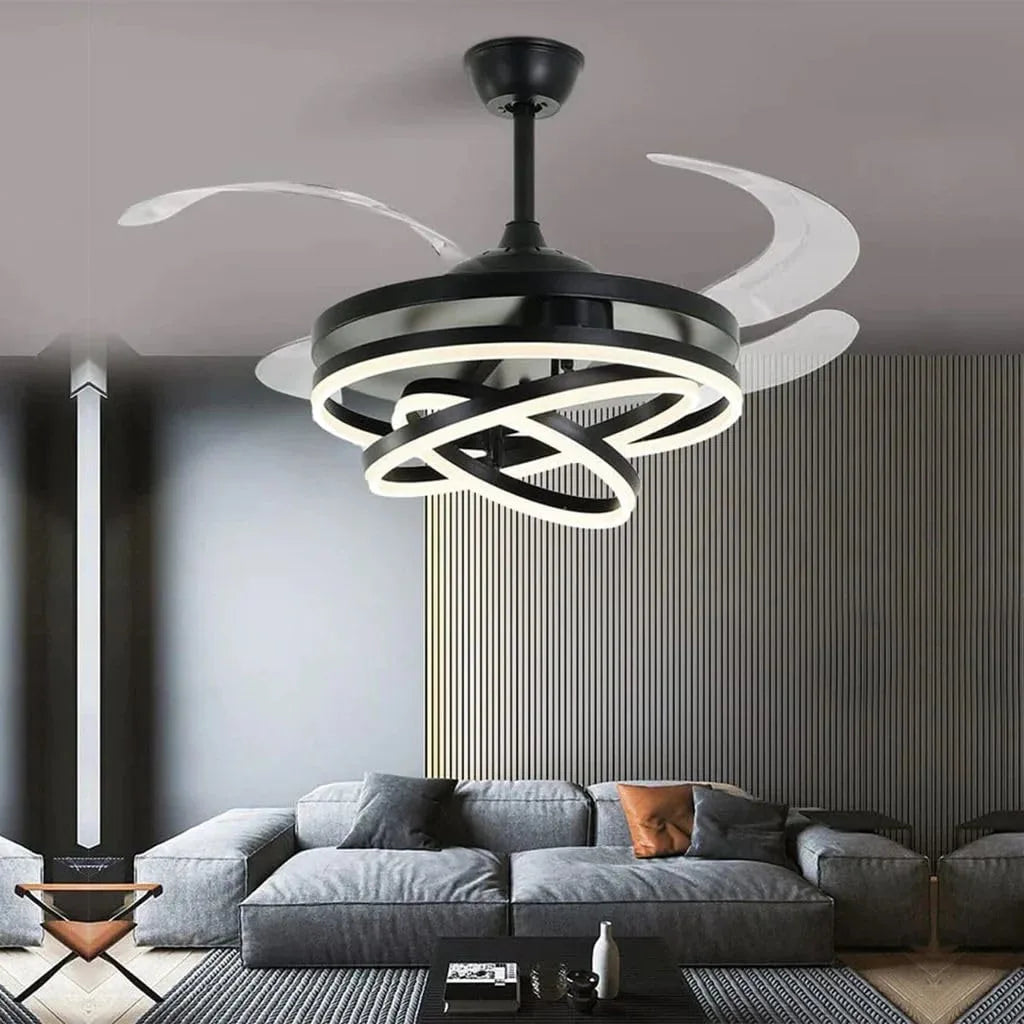 Black ring-light retractable-blade ceiling fan in a living room