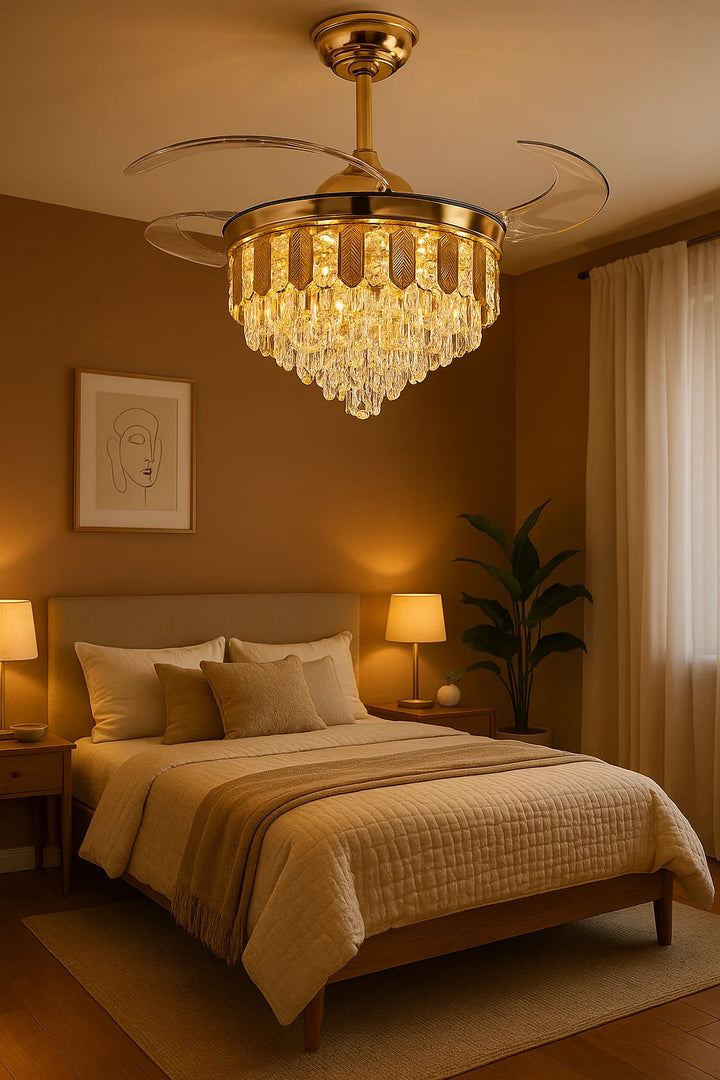 Crystal-Drop Retractable-Blade Fan Chandelier
