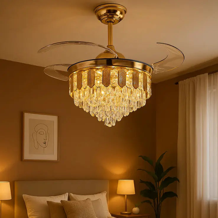 Majestic Glow Crystal Chandelier Fan – Luxury Retractable LED
