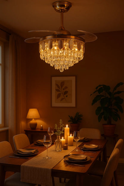 Majestic Glow Crystal Chandelier Fan – Luxury Retractable LED