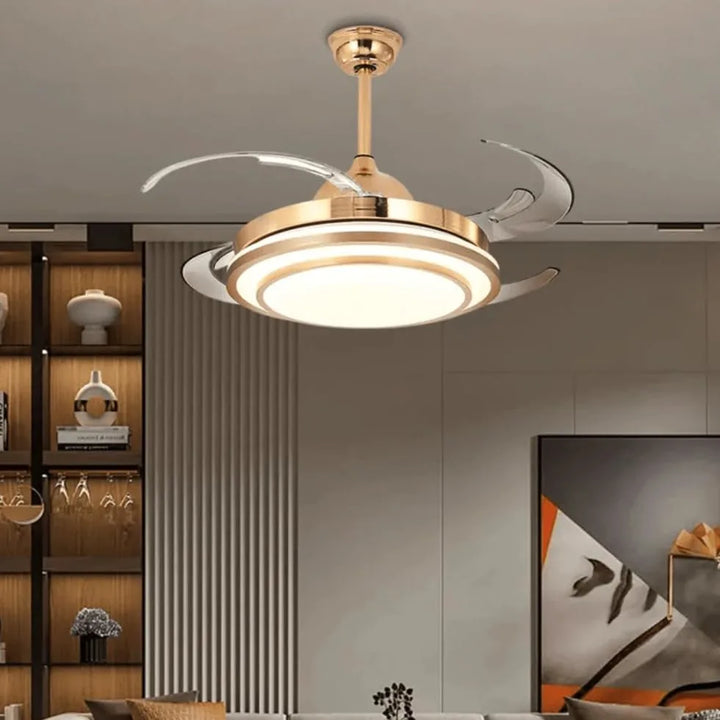 Celestia Breeze Golden LED Fan – Retractable Blades & Dimmable Light
