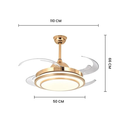 Celestia Breeze Golden LED Fan – Retractable Blades & Dimmable Light